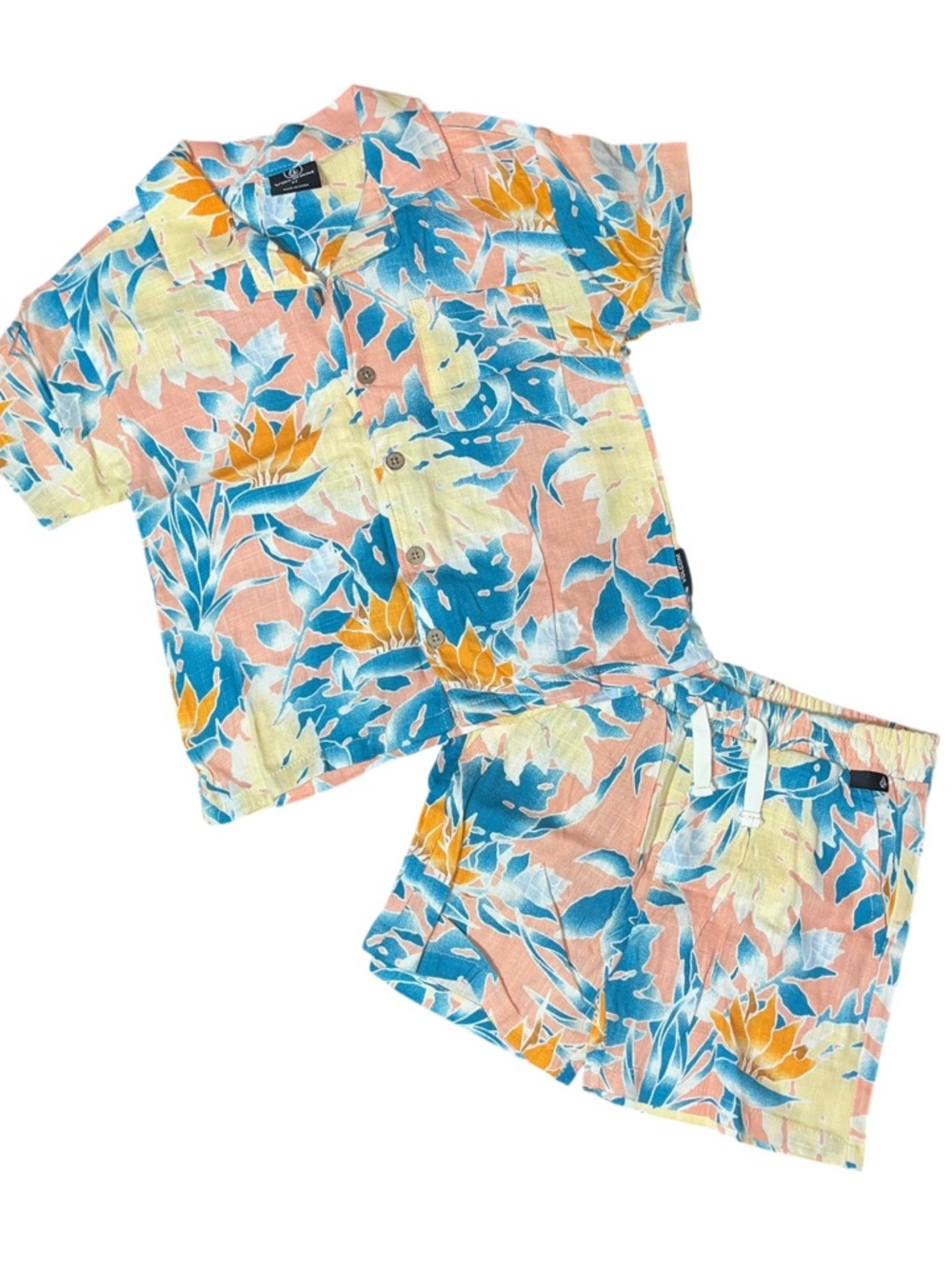 Volcom Pink Yellow Blue Palm Collar Button Shirt Shorts Set NWT 2T Linen